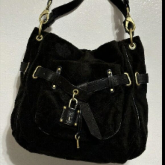 Vintage Y2K ♛Juicy Couture Black Terry Cloth Lock & Key Cross Body Shoulder Bag - Picture 3 of 15
